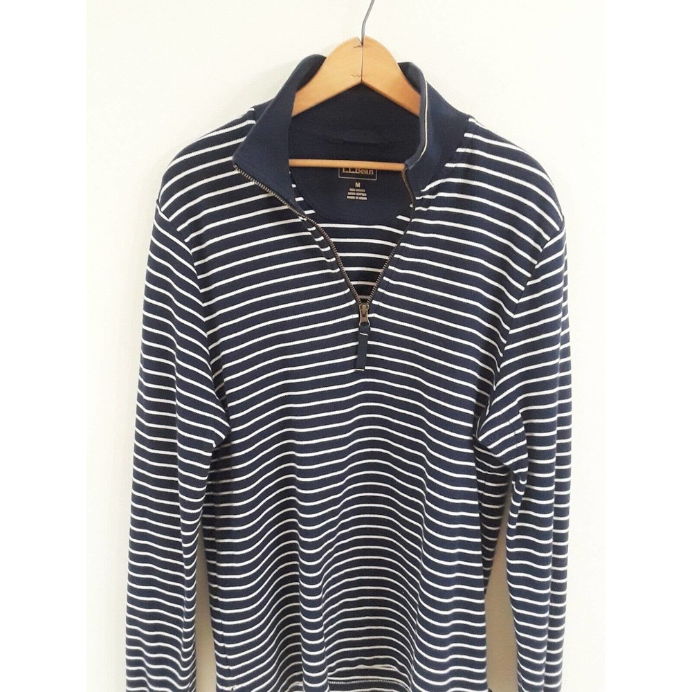 Mens LL Bean Cotton Navy Blue Stripe Zip Up Preowned Pullover
